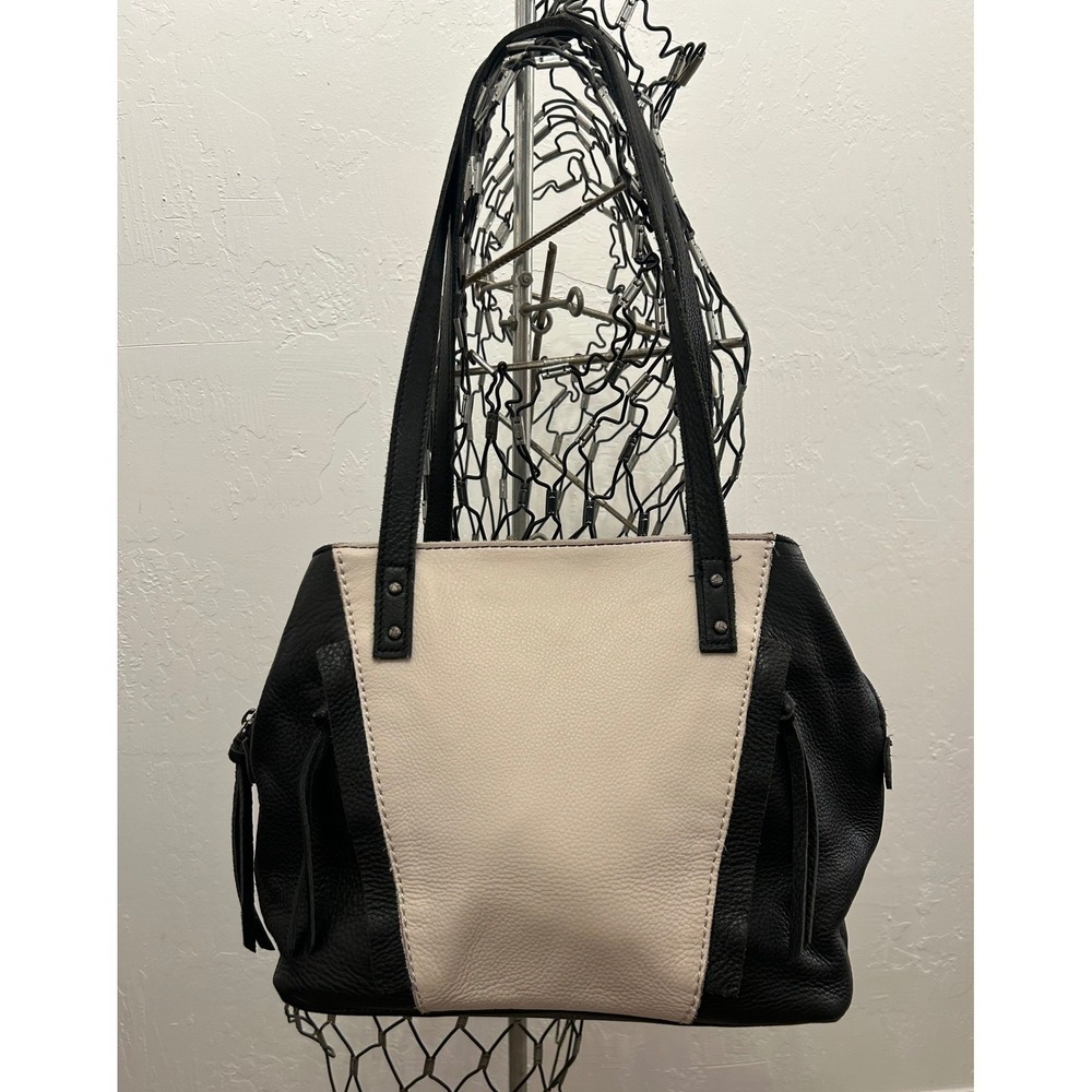 The Sak Black Cream Colorblock Pebbled Leather Tote Shoulder Bag Tassel Detail